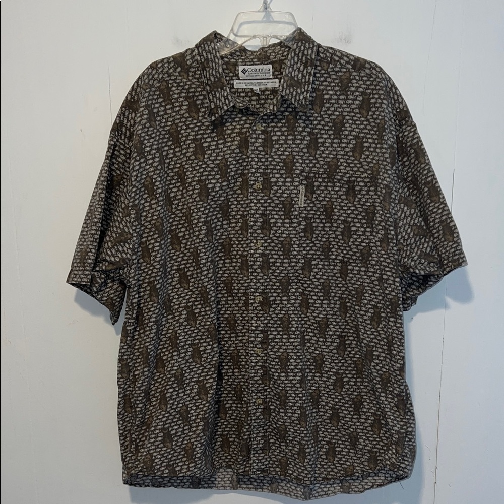 Columbia Brown and Beige Fish Short Sleeve Camp Shirt Button Up Size XXL 072626